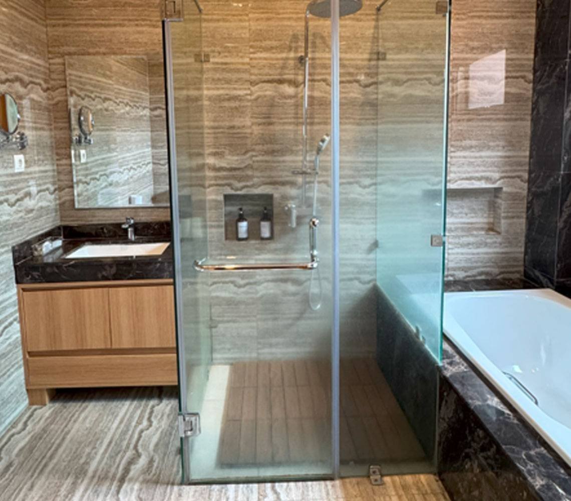 Glass-enclosed shower and soaking tub